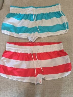 SET Of Striped Drawstring Shorts - Teal & Coral